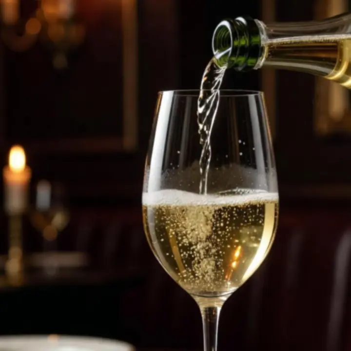 Sparkling wine and Champagne served in tall flutes in a dimly lit bistro
